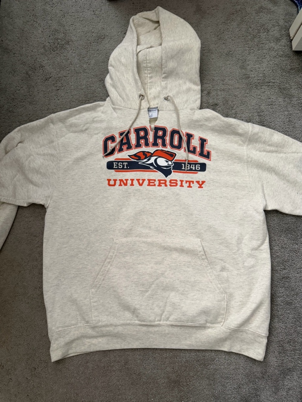 Champion Men's Cream Carroll University Graphic Hoodie with Orange & Navy Logo
